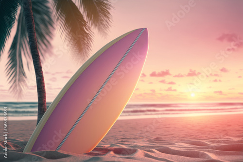 Surfboard and palm tree on sunset tropical beach. Generative AI