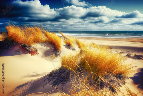Sunny beach with sand dunes, dry grass and blue sky on the sunset. Generative AI