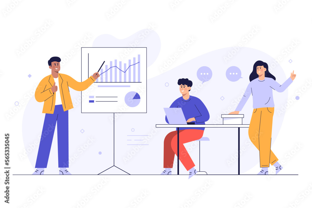 Business man described and showing graph. Stock financial trade market diagram. Vector illustration flat design. Isolated on white background. Declining graph. Downward arrow. Business man described and showing graph. Stock financial trade market diagram. Vector illustration flat design. Isolated on white background. Declining graph. Downward arrow.