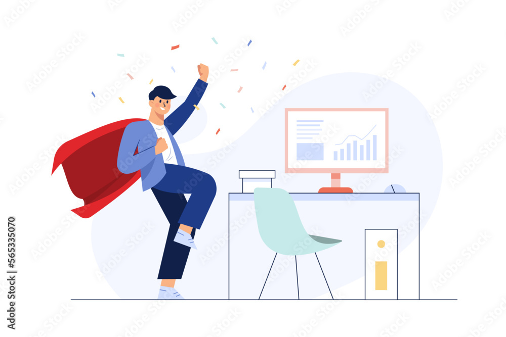 Successful businessman celebrating a victory. Flat 2D character. Concept for web design. Big isolated illustration vector with white background.