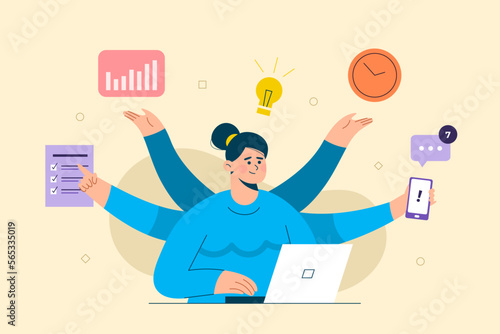 Business people dealing multi task new idea. working on laptop. The concept of business goals, success, satisfying achievement. Isolated vector with light background.