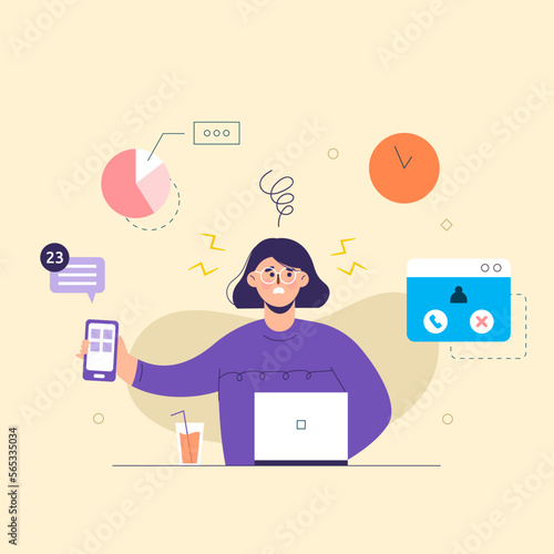 Business man dealing multi task new idea. working on laptop. The concept of business goals, success, satisfying achievement. Isolated vector with light background.