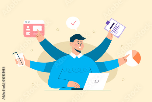 Business mandealing multi task new idea. working on laptop. The concept of business goals, success, satisfying achievement. Isolated vector with light background.