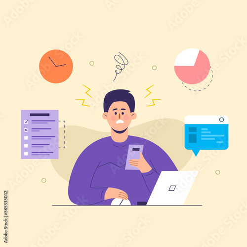 Business man dealing multi task new idea. working on laptop. The concept of business goals, success, satisfying achievement.