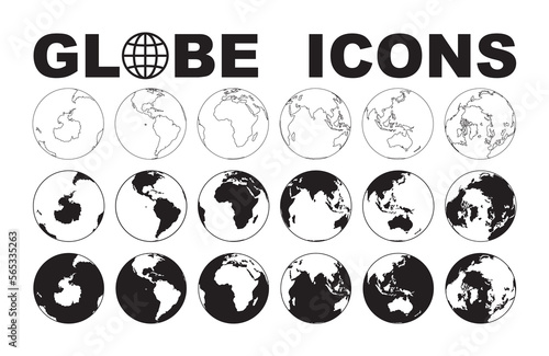 Vector globe icon of the world. Earth hemispheres with continents. 3 color versions
