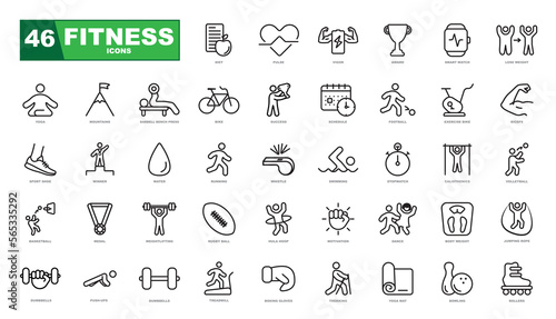 Fitness and sport 46 isolated outline icons set on white background
