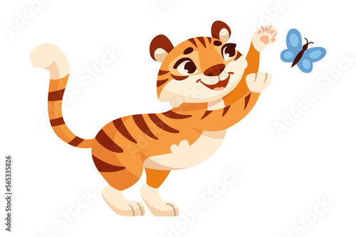 Cute Tiger Cub with Striped Orange Fur Playing with Butterfly Vector Illustration