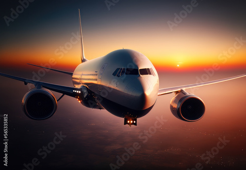commercial airplane flying at sunset. travel concept. generative ai