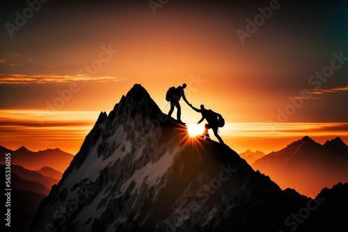 two person on top of mountain peak. goal, success and teamwork concepts. generative ai