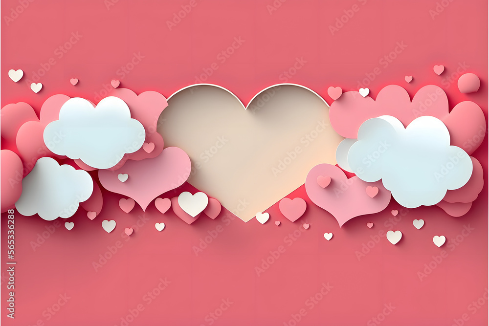 pink sky and paper cut clouds. Place for text. Happy Valentine's day sale header or voucher template with hearts. Rose cloudscape border frame pastel colors.