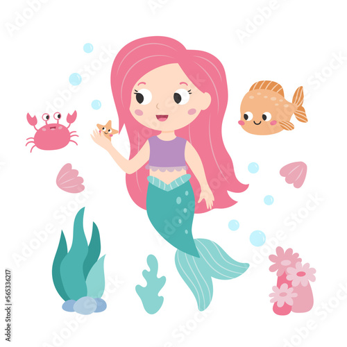 Little mermaid with cute crab and fish on white background. Fairy tale. Cartoon children's style. Mermaid with pink hair. Flat vector illustration.