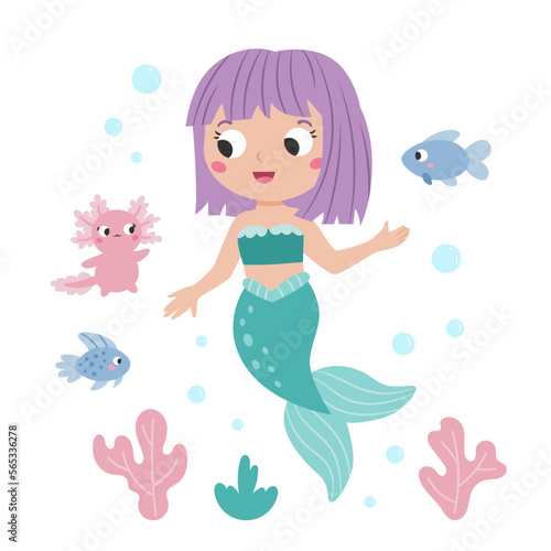 Little cute mermaid on white background. Funny fishes and axolotl. Mermaid with purple hair. Cartoon children's style. Fairy tale. Flat vector illustration.