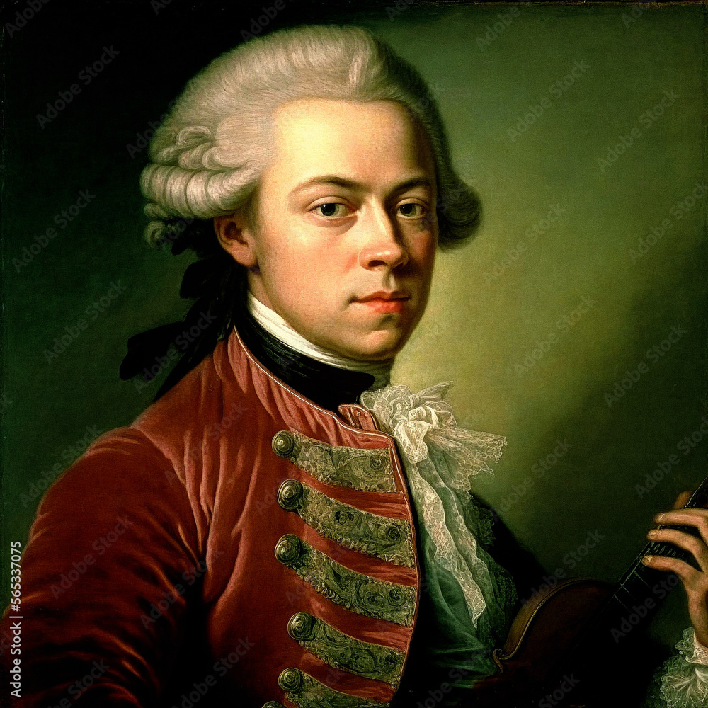 Beautiful  portrait of Wolfgang Amadeus Mozart famous classical composer, like in an old painting. Content made with generative AI not based on real person. - obrazy, fototapety, plakaty 