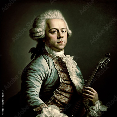 Beautiful  portrait of Wolfgang Amadeus Mozart famous classical composer with violin, like in an old painting. Content made with generative AI not based on real person. photo