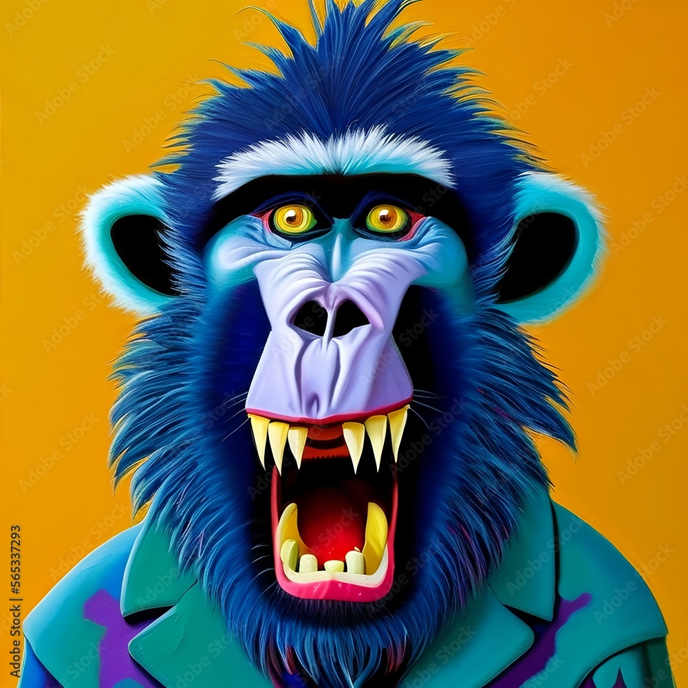 Portrait of a angry Monkey wearing a suit, a pop art painting, Generative AI.