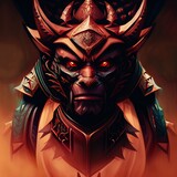 Demonic warrior with red glowing eyes wearing a helmet. Digital illustration. Generative AI.