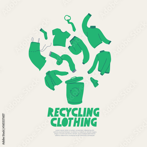 Clothing recycling. A poster calling for the recycling of clothing, footwear and textiles. Vector trend flat illustration.