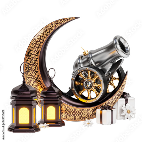 Foto 3d golden moon with ramadan cannon isolated cutout