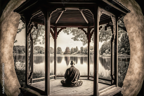 Ein meditierender Mönch vor einer wunderschönen Landschaftskulisse Ruhe Calm Innere Ruhe Seelenfrieden Zufriedenheit Generative AI Digital Art Background Hintergrund  Illustration Cover  © Korea Saii