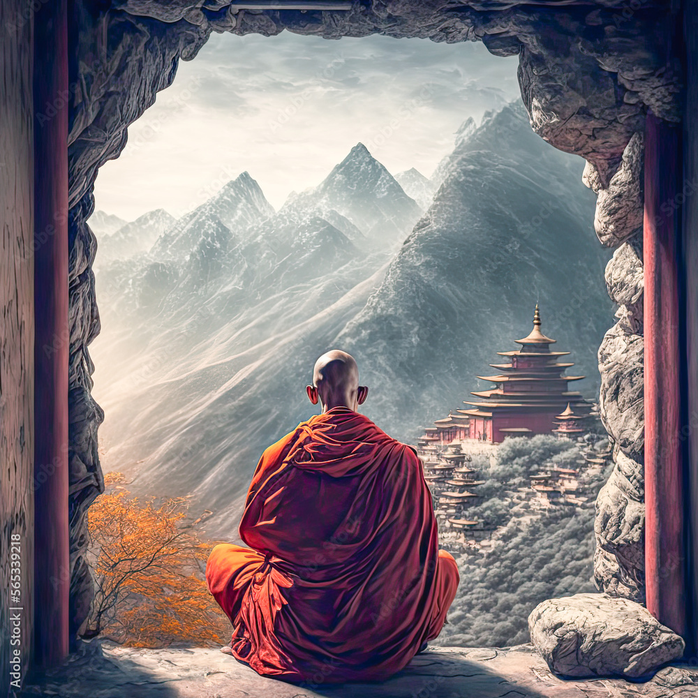 Ein meditierender Mönch vor einer wunderschönen Landschaftskulisse Ruhe ...