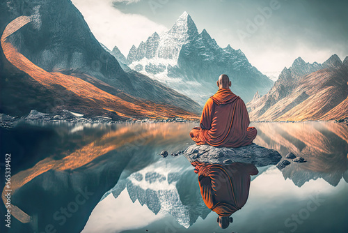 Ein meditierender Mönch vor einer wunderschönen Landschaftskulisse Ruhe Calm Innere Ruhe Seelenfrieden Zufriedenheit Generative AI Digital Art Background Hintergrund Illustration Cover 