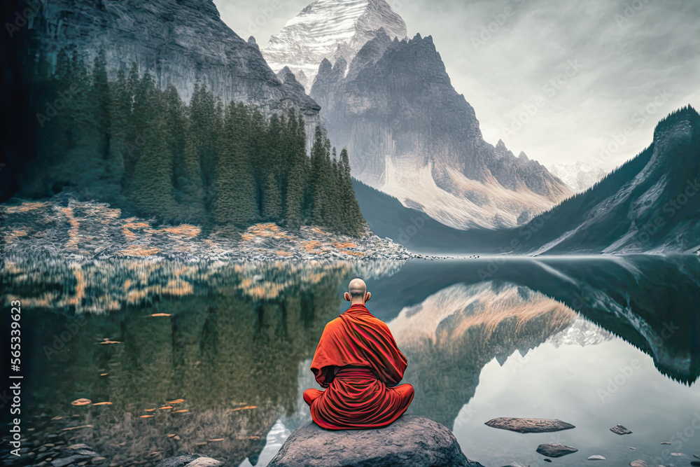 Ein meditierender Mönch vor einer wunderschönen Landschaftskulisse Ruhe ...