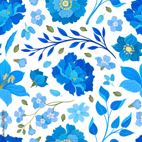 Blue Flowers Seamless Pattern Design with Blooming Flora and Twigs Vector Template