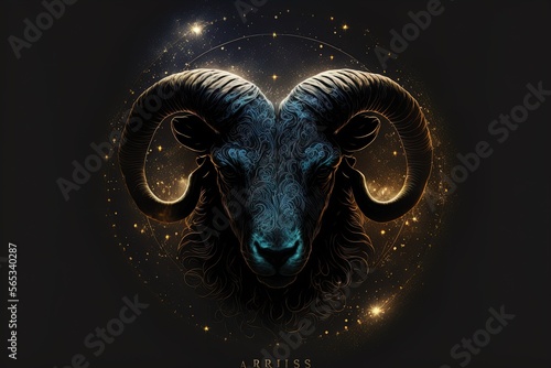 aries horoscope sign on shiny stars galaxy background. Gorgeos black ram with horns on black background photo