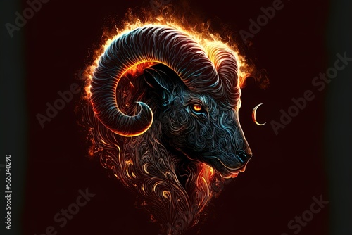aries horoscope sign with abstract flames. Gorgeos ram with horns on black background. photo