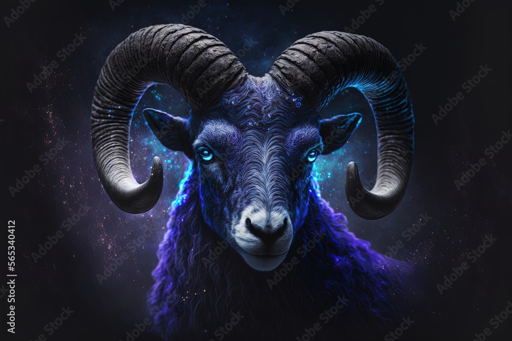 aries horoscope sign with blue glowing eyes on shiny stars galaxy background. Gorgeos ram with horns on black background. - obrazy, fototapety, plakaty 