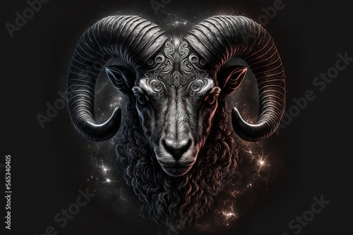 aries horoscope sign on shiny stars galaxy background. Gorgeos black ram with horns on black background