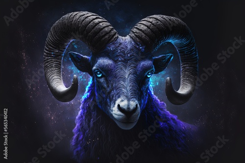 aries horoscope sign with blue glowing eyes on shiny stars galaxy background. Gorgeos ram with horns on black background. photo