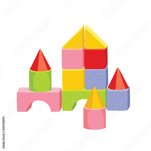 Wooden building blocks, in different primary shapes and colors for children. Wooden or plastic colored bricks, cubes. Pyramid built from children's cubes. Toy castle. Colorful building game pieces