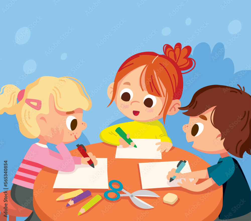 Little children, babies drawing pictures with pencils and markers on blank sheets sitting around the table. Drawing kid activity in art class. Learning how to draw. Creative Arts and Crafts Classes. Little children, babies drawing pictures with pencils and markers on blank sheets sitting around the table. Drawing kid activity in art class. Learning how to draw. Creative Arts and Crafts Classes.