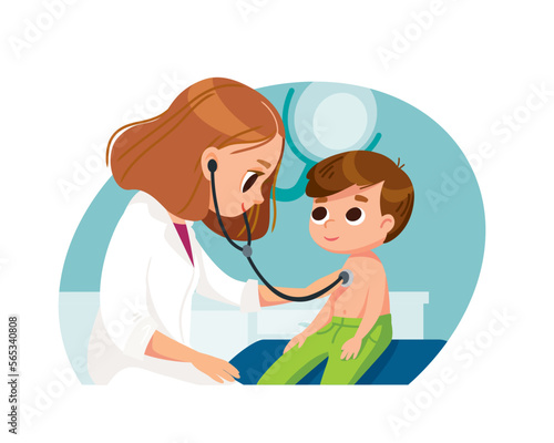 Female doctor, health professional, physician in white scrubs examine a child with a stethoscope, listen to his heartbeat Pediatrician examining patient child boy. Kids visit a doctor for a checkup.
