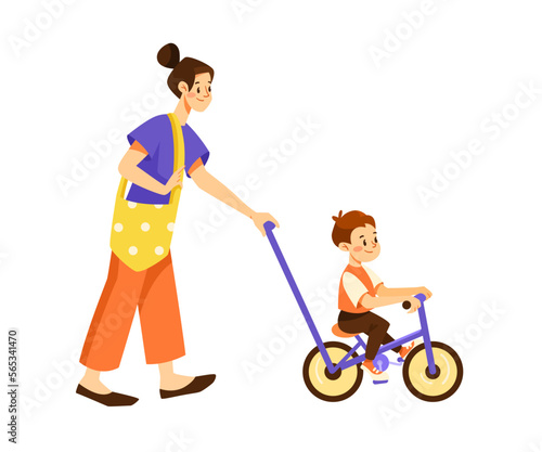 Mother Pushing Bike with Her Son Riding Walking on Playground Vector Illustration