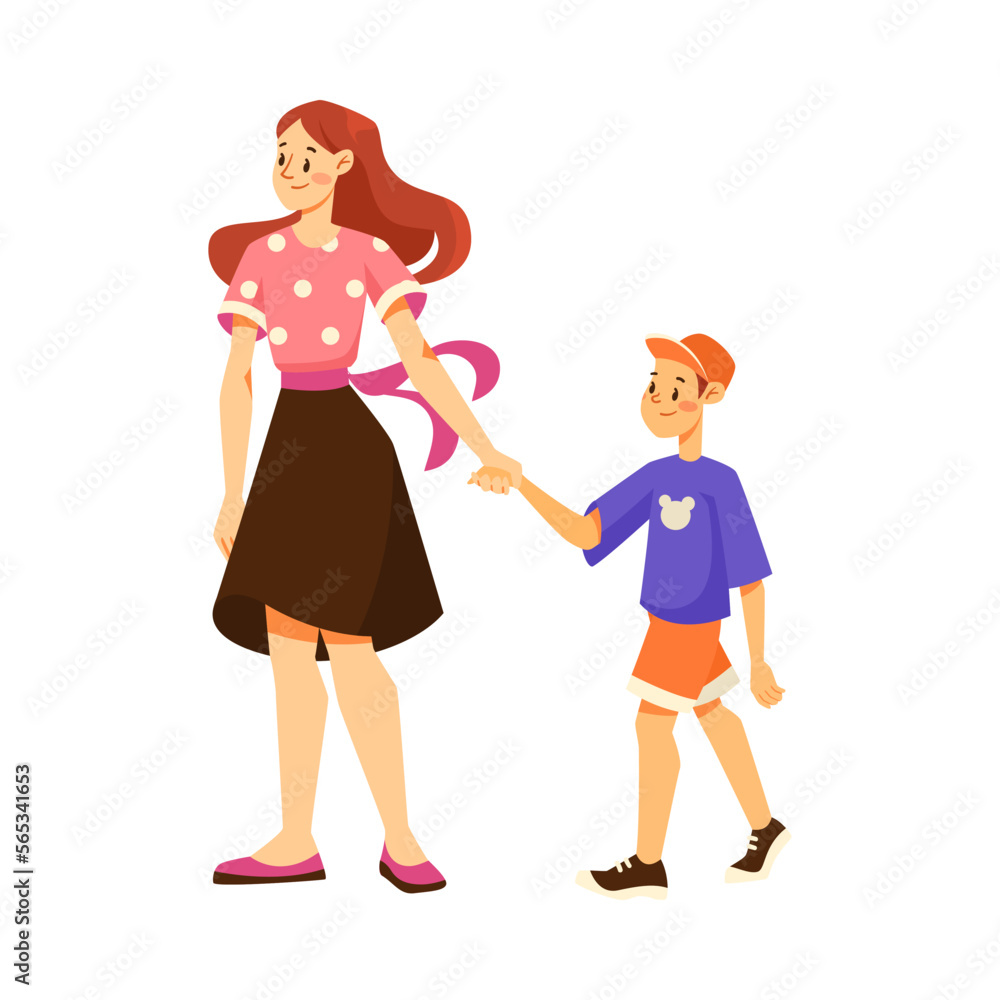 Mother and Little Son Holding Hands Walking on Playground Vector Illustration Mother and Little Son Holding Hands Walking on Playground Vector Illustration
