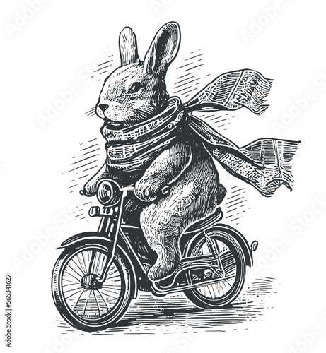 Rabbit in a scarf rides a bike hand drawn sketch in doodle style Vector illustration.