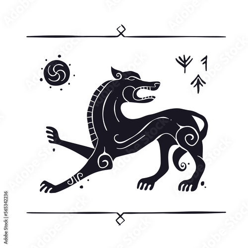 Black beast like wolf or dog decorated with ornaments, runes and patterns vector illustration. Ancient history art in scandinavian, nordic, scythian or slavic animal style.