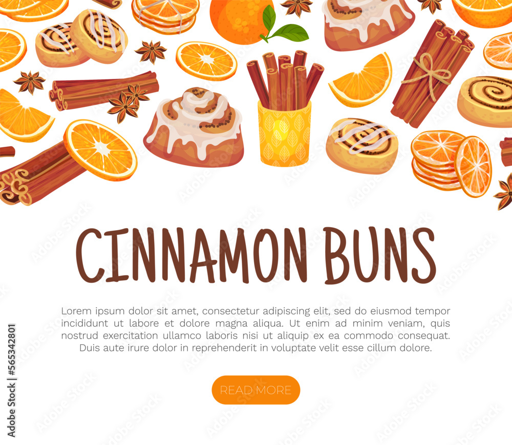 Cinnamon Orange Banner Design with Citrus Fruit, Spice Sticks and Bun Vector Template