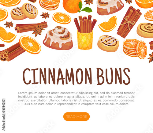 Cinnamon Orange Banner Design with Citrus Fruit  Spice Sticks and Bun Vector Template