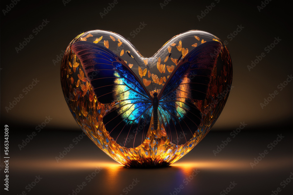 Fototapeta premium Butterfly on the heart, amber, stone, drop Generative ai