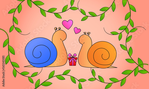 Background with Snails, valentine's day, romanse,  love, gift, Cartoon, Mollusk, Hand drawn, Vector illustration photo