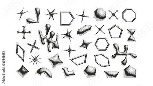 Set of creative pseudo 3d shapes. Halftone effect figures. Abstract geometric elements, triangle, star and circle forms
