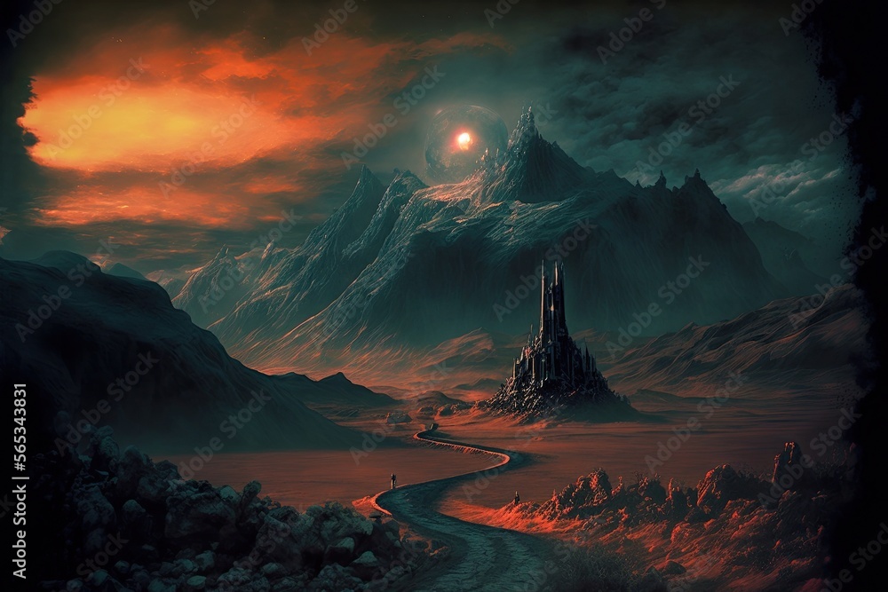Ilustrace „A dramatic view of Mordor in 1960s film style. In J. R. R