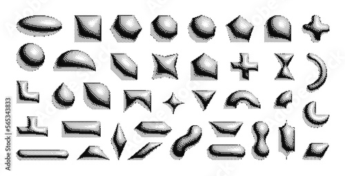 Set of simple vector primitive figures. Pseudo 3d geometric shapes with halftone effect.With sharp and rounded corners. 