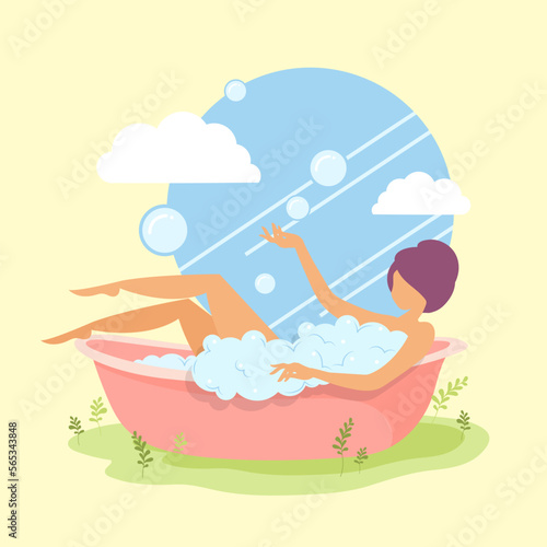 Woman bathing in bathtub, white skinned girl in bathroom cartoon vector Illustration. Body relaxation methods