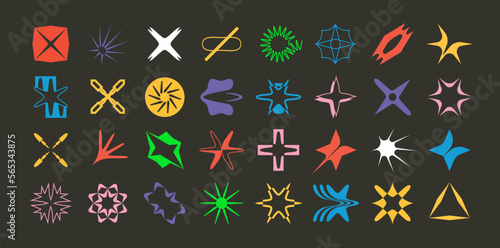 Set of geometric logos space explosion, dazzling flash. Modern bold brutalist objects and shapes of the sun and stars. Colorful minimalistic figures silhouettes. Contemporary design.