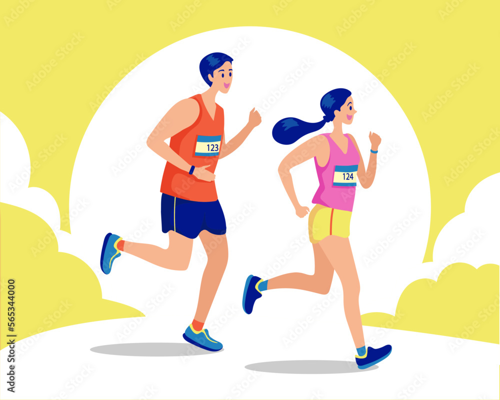 couple running, health conscious concept. Sporty woman and man jogging. Illustration of runners