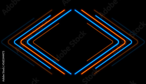 Bright blue orange abstract neon arrows tech graphic design. Futuristic laser sci-fi vector background